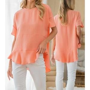NEW SEW IN LOVE coral round neck ruffle hem top in coral